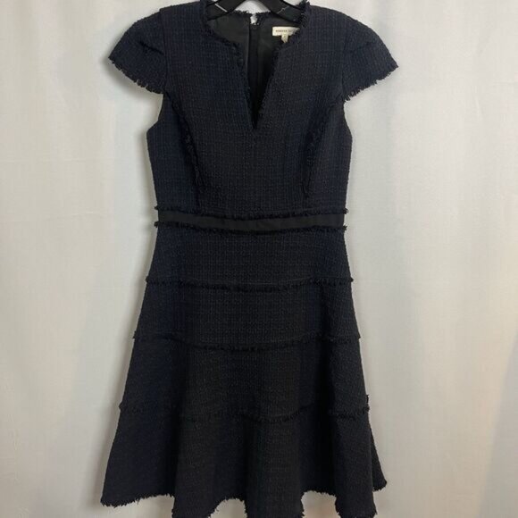 Rebecca Taylor Navy/Black Tiered Tweed Knit Fit & Flare Cap Sleeve Dress 4 - Picture 3 of 13